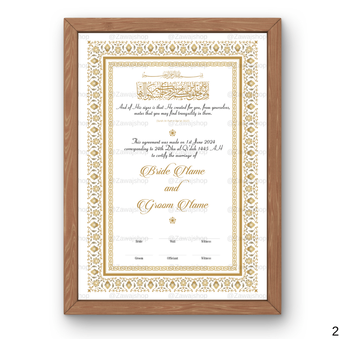 Nikah certificaat met zachte goud bloemen en traditionele Arabische details.