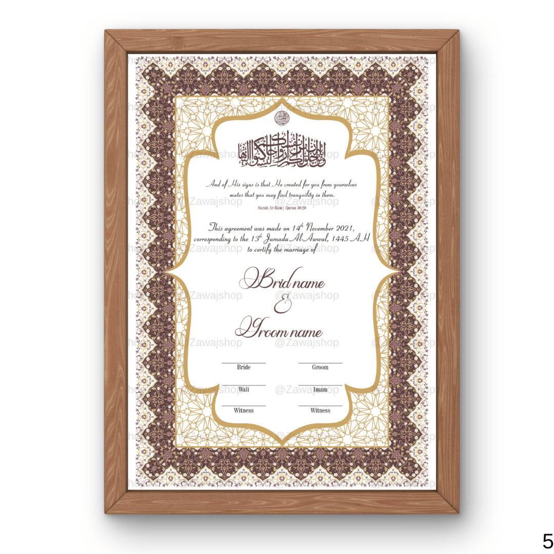 Exclusief Nikah certificaat in paars met elegante details.