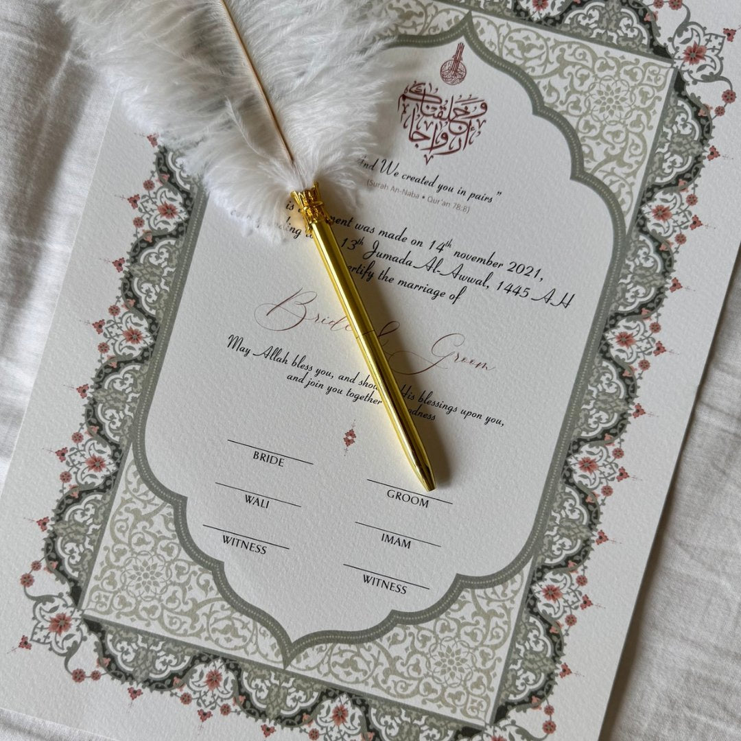 Sfeerfoto Aisha's Commitment Nikkah certificaat met veren pen