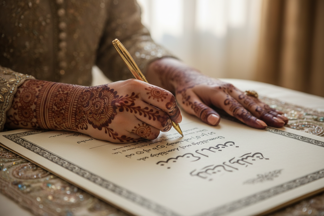 give me hands that are signing a certificate islamicly with henna on her hand