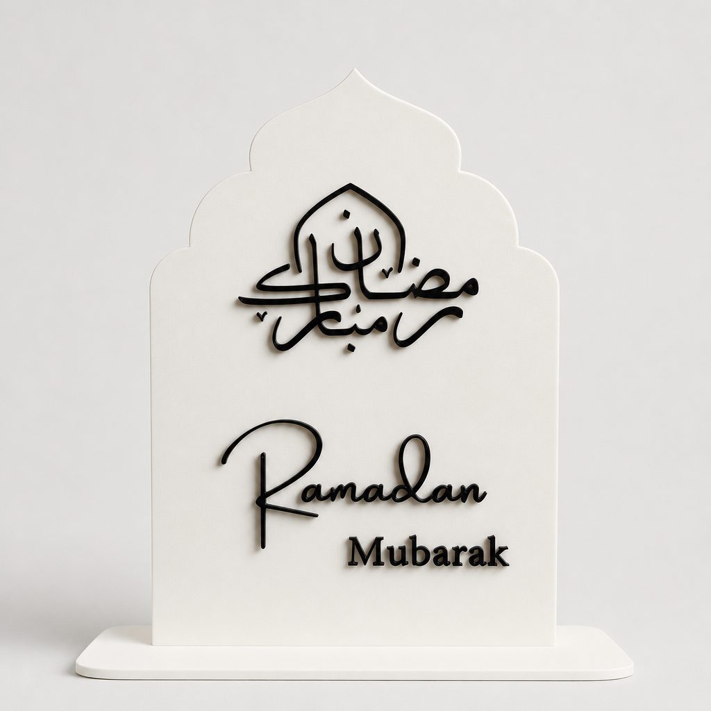 Ramadan Mubarak Schild in Weiß mit schwarzer arabischer Kalligrafie - islamische Ramadan Dekoration