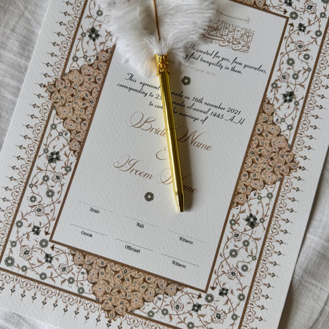 Sfeerfoto Safa's Vows Nikkah certificaat met veren pen